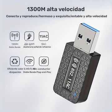 Adaptador inalámbrico USB de 1300 Mbps, adaptador de tarjeta LAN inalámbrica, adaptador de wifi para computadora portátil de escritorio, banda dual de 2.4G/5.8Ghz, compatible con protocolo inalámbrico 802.11Ax, banda dual de 1300M simultáneamente, la ban