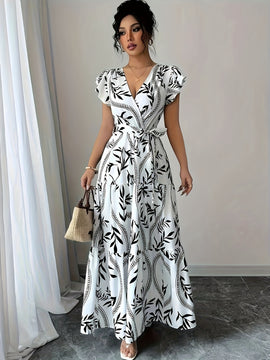 Elegante vestido de verano con estampado floral y cuello en V, con cinturón, de poliéster ligero, mangas cortas, falda de línea A y estilo suelto para mujeres, ideal para vacaciones o salidas informales, ropa para salidas informales | Vestido con estampa
