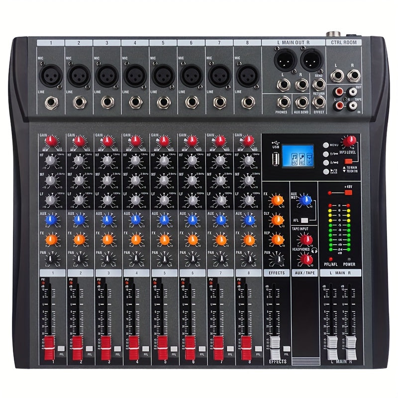 Consola de mezcla audio profesional de 6/8 canales con alimentación fantasma de 48V, USB y interfaces XLR/RCA, ideal para actuaciones en vivo, grabación de streaming y escenarios musicales