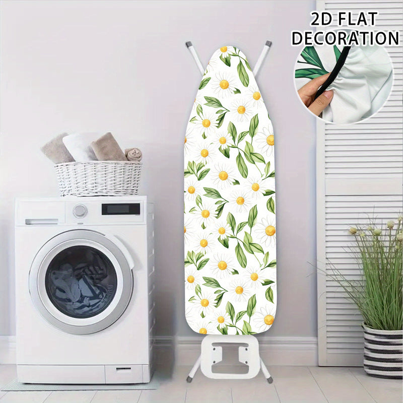 Funda de tabla de planchar 2D de diseño plano - Tamaño completo, relleno resistente al quemado, borde elástico, resistente, lavable en máquina - 1 pieza, blanco con patrón floral amarillo y verde, ideal para decoración de la habitación de lavado en casa,