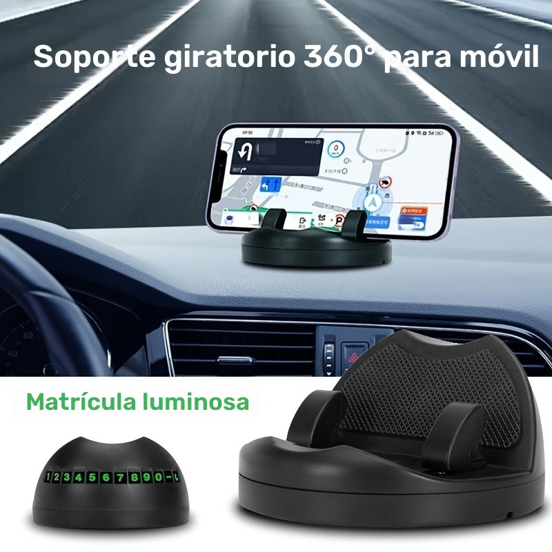 Soporte de teléfono giratorio de 360°, montaje redondo de salida de aire acondicionado de ABS, soporte de teléfono para automóvil impermeable con placa de números luminosos, montaje estable de cabeza para coches