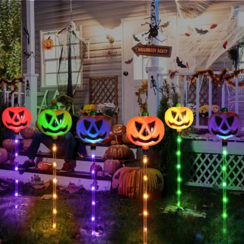 1 Juego de 6 Luces Solares de Calabaza de Halloween para Tierra, Luces de Césped, Luces de Calabaza que Brilan, Adecuadas para Decoración de Jardín, Patio, Luces Decorativas, Control Inteligente de Luces, Se Enciende Automáticamente al Atardecer, Se Pued
