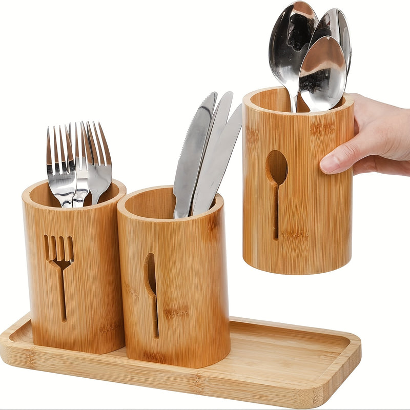 Juego de 4 piezas, caja de almacenamiento de cubiertos de bambú, soporte de utensilios de cocina de granja rústica, soporte de cuchillos y tenedores, suministros de almacenamiento ideales para cocina y restaurante.