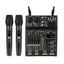 Mezclador de Audio Profesional de 4 Canales con Sistema de Micrófono Inalámbrico UHF para Escenario, Karaoke y Actuaciones En Vivo – Alimentado por USB, Construcción de Aleación, Negro, Incluye 2 Micrófonos y Fuente de Alimentación Fantasma, Accesorios p