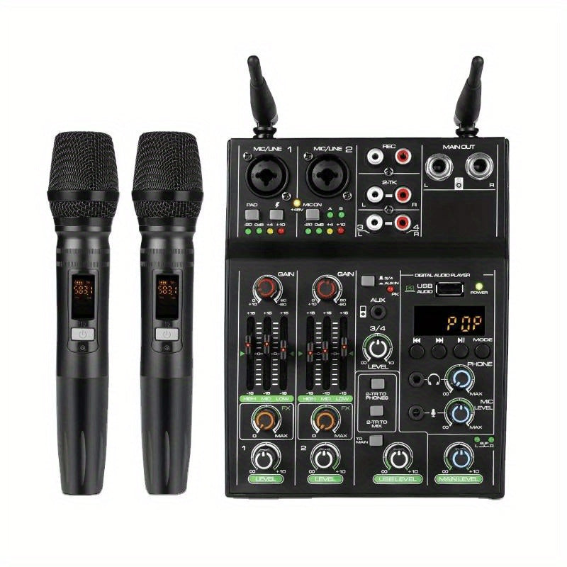 Mezclador de Audio Profesional de 4 Canales con Sistema de Micrófono Inalámbrico UHF para Escenario, Karaoke y Actuaciones En Vivo – Alimentado por USB, Construcción de Aleación, Negro, Incluye 2 Micrófonos y Fuente de Alimentación Fantasma, Accesorios p