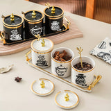 1 juego (1 plato, 3 latas, 3 cucharas) recipientes de almacenamiento para hogar, cocina y comedor, contenedores de especias, envases para alimentos, saleros, azucareros, condimentos, chile en polvo