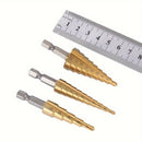 Juego de brocas escalonadas HSS con recubrimiento de titanio en varios tamaños, ideales para perforación precisa en madera y metal, eficientes y versátiles