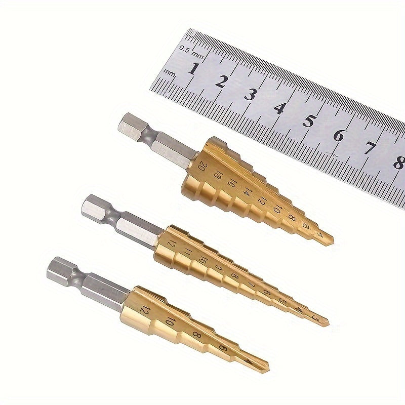 Juego de brocas escalonadas HSS con recubrimiento de titanio en varios tamaños, ideales para perforación precisa en madera y metal, eficientes y versátiles