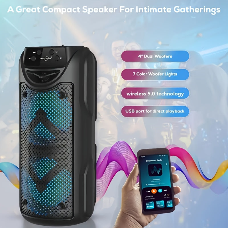 Bocina inalámbrica portátil 5.2 con parlantes duales, subwoofer HIFI de 3 pulgadas, compatible con TF/FM/USB, luces LED parpadeantes, caja de bajos portátil - Regalo de cumpleaños para fiestas