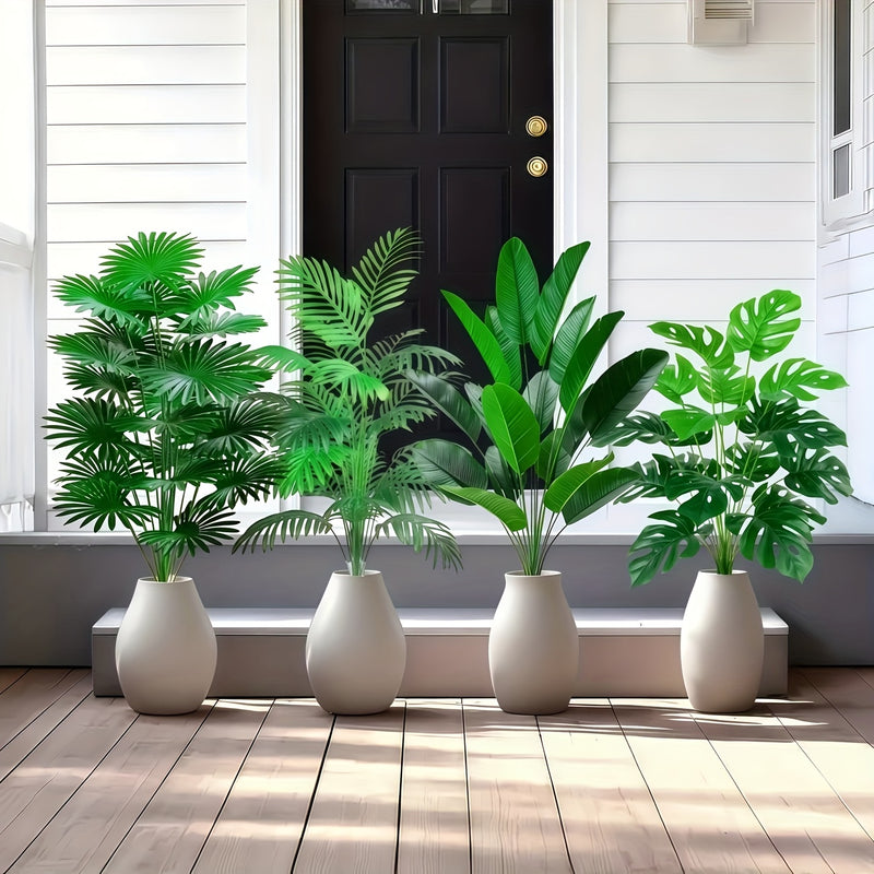 Juego de 4 piezas, incluye 48 plantas artificiales de hojas grandes. Adecuadas para uso exterior—árboles decorativos de selva tropical, ideales para macetas en interiores y exteriores todo el año, bodas, hoteles, jardines, patios estilo nórdico, Día de l
