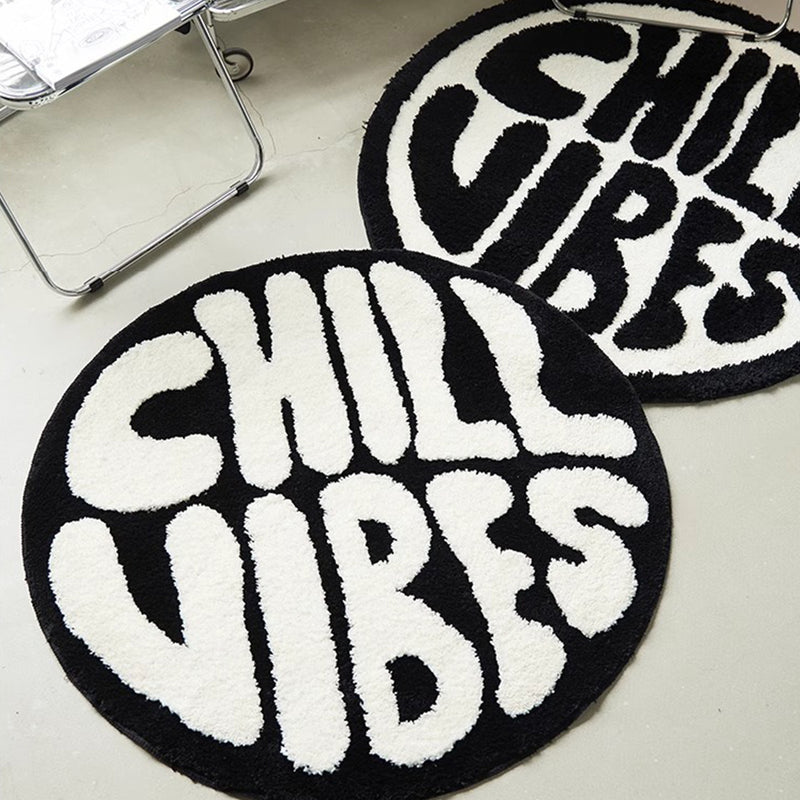1pc Alfombra Redonda de Vibra Chill, 10mm de grosor de fibra de poliéster, sin resbalones con sujeción de fieltro, para dormitorio y sala de estar, solo lavable a mano, negro y blanco