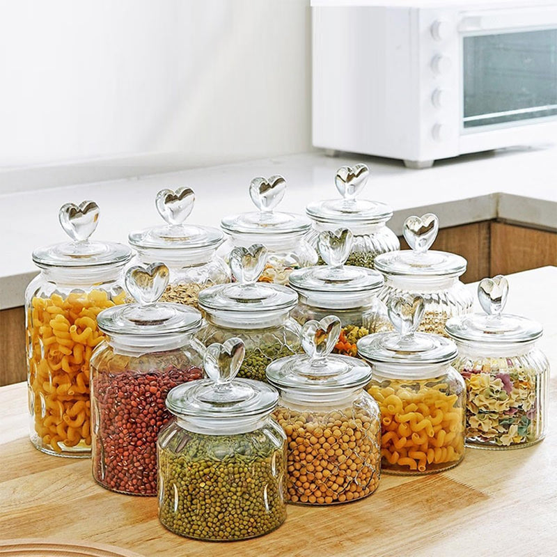 Tarros de Almacenamiento de Comida de Vidrio con Tapa en Forma de Corazón de 22oz/32oz - Elegantes y Herméticos, Contenedores para Cereales, Tarro para Galletas e Ideales para Tu Cocina
