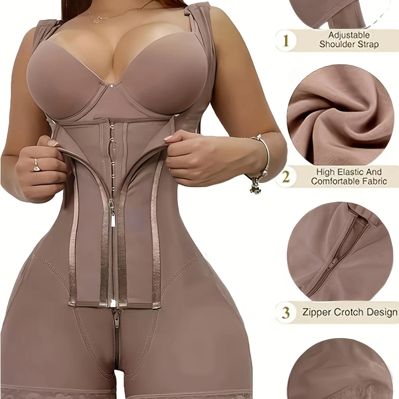 1pc Body Shaper de Cintura Alta con Detalles de Encaje, Cierre de Cremallera, Levanta Glúteos y Soporte para Senos - Elegante Mezcla de Nylon/Elastano, Ropa Interior Controladora de Abdomen