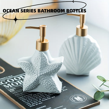1 Dispensador De Loción De Cerámica Con Forma De Estrella De Mar, Dispensador De Jabón En Forma De Concha, Botella De Loción De Cerámica Blanca Con Bomba Dorada Mate, Dispensador De Jabón De Manos, Decoración Del Hogar Para Baño Y Cocina