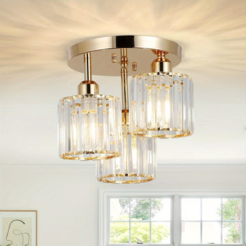 1 pza. Moderno candelabro de cristal de 3 luces con pantalla de cristal, base E27, 110V-240V, montaje semi empotrado, luz colgante ajustable para sala de estar, dormitorio, cocina, pasillo, baño, accesorio de iluminación.