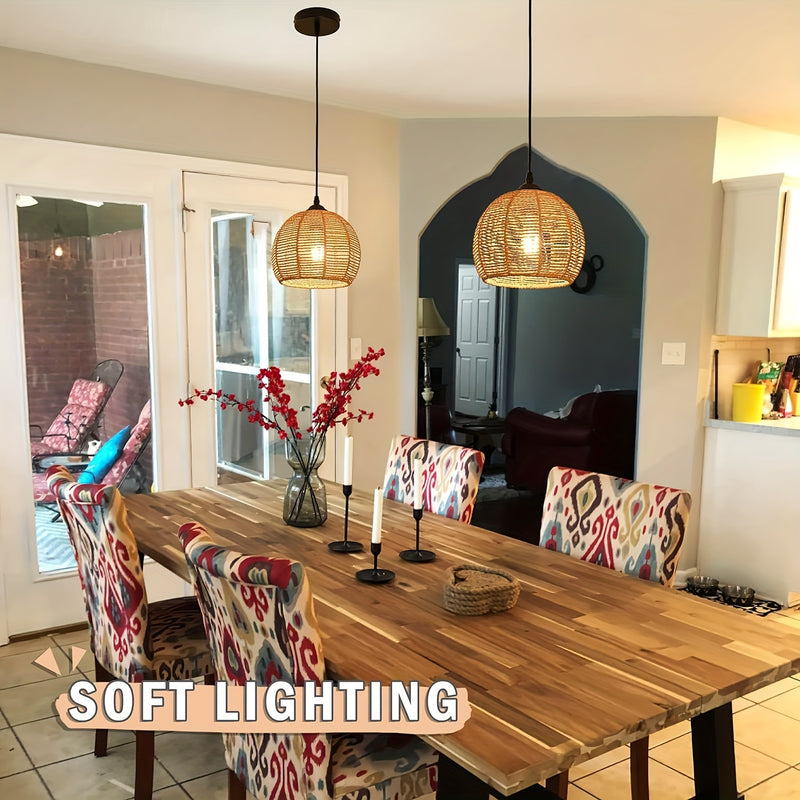 1/3 Piezas, Luces Colgantes De Mimbre Tejido Natural, Estilo Bohemio De Mediados De Siglo, Lámparas De Techo Redondas Rústicas De Granja De 7", Accesorios De Iluminación De Ratán Para Comedor E Isla De Cocina, (Bombillas No Incluidas)