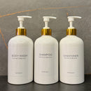 3 Piezas Dispensador de Champú y Acondicionador con Soporte para Pared | Juego de 3 Botellas Plásticas de 16.9 fl oz en Blanco o con Bomba de Bambú