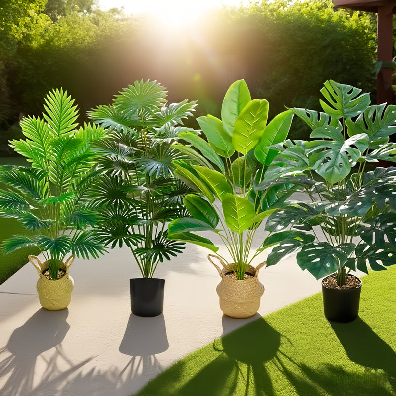 Juego de 4 piezas, incluye 48 plantas artificiales de hojas grandes. Adecuadas para uso exterior—árboles decorativos de selva tropical, ideales para macetas en interiores y exteriores todo el año, bodas, hoteles, jardines, patios estilo nórdico, Día de l