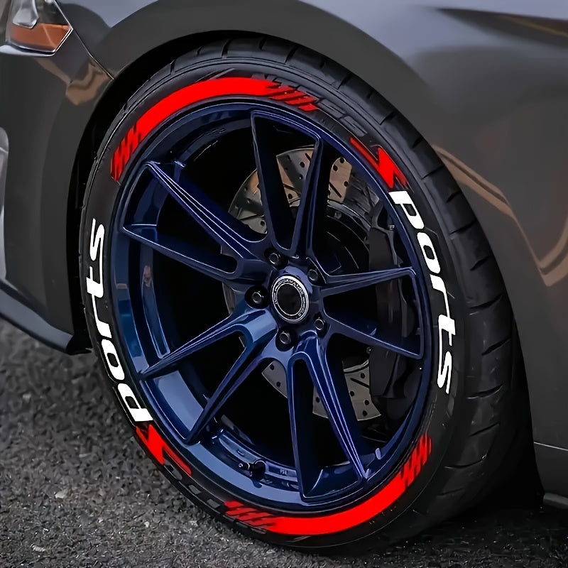 16 calcomanías para ruedas de autos deportivos - PVC resistente al agua, calcomanías de letras duraderas, decoración para llantas, adhesivos para autos, diseño en negro y rojo con texto "SPORTS", compatible con superficies de metal y plástico, accesorios