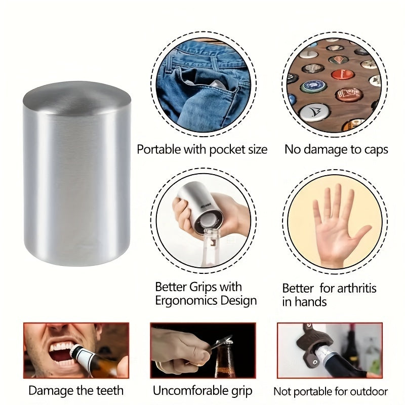 Abrebotellas magnético de acero inoxidable, abridor de tapas a presión, automático con sistema push-pull, ideal para hoteles, cenas familiares, bares y restaurantes (1 unidad)