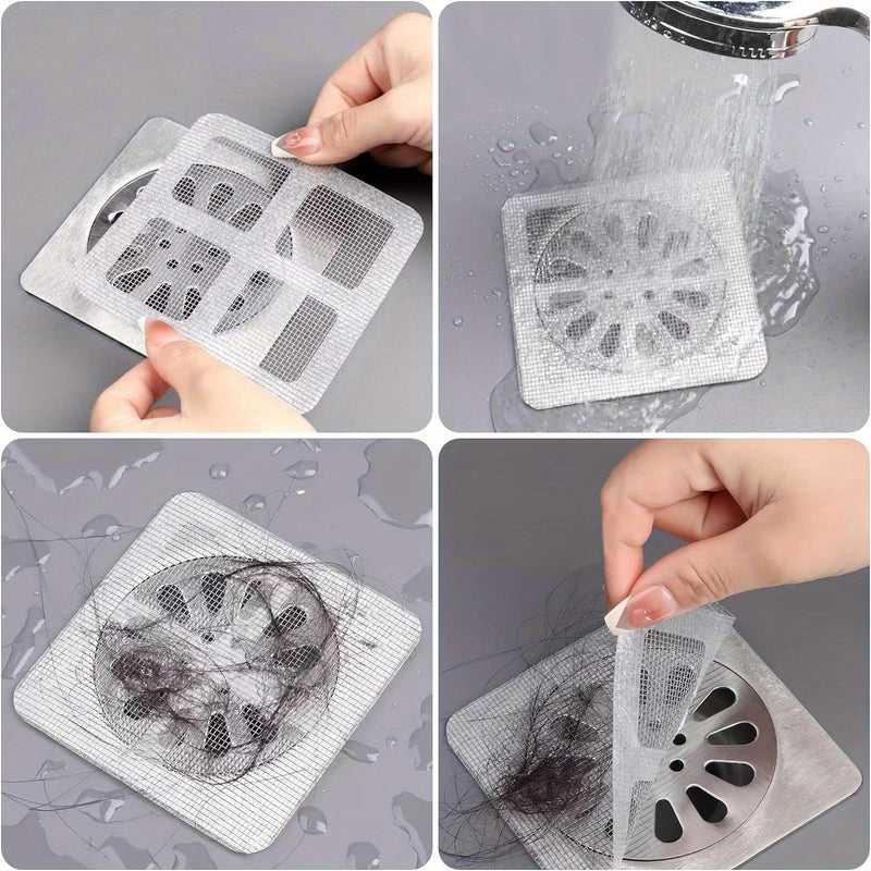 10/30/50/100pcs Pegatinas de Acero Inoxidable para Desagüe de Ducha - Cubiertas de Malla Desechables para Baño, Cocina y Lavabo - Prevención de Atascos por Cabello Humano y Mascota, Diseño Flexible, Flujo Efectivo de Agua