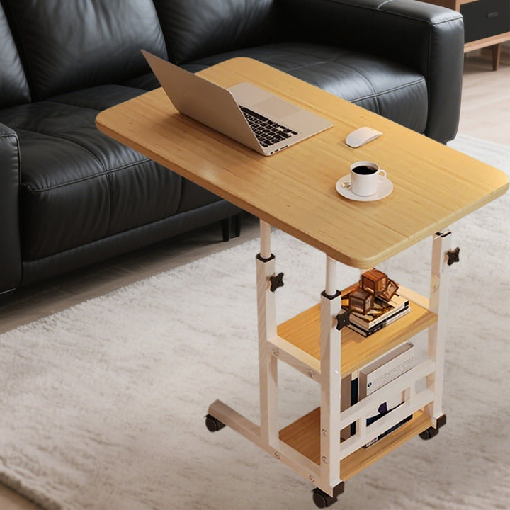 Mesita Ajustable en Altura con 4 Ruedas - Estante Giratorio de Doble Nivel 360°, Estilo Retro para Sala, Dormitorio o Estudio - Sin Necesidad de Energía, Fácil Montaje, Construcción en Madera/Metal, Diseño Moderno y Versátil, Mueble Resistente para Hogar