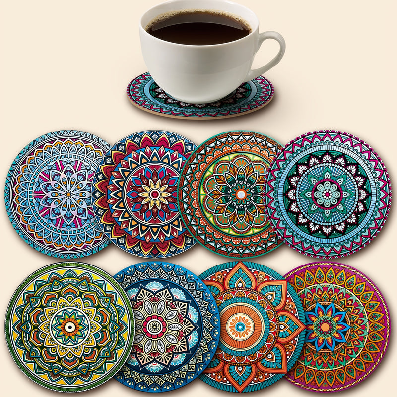 Juego de 8 Posavasos de Madera con Diseño Mandala, Esenciales para Reuniones Festivas, Ideales para Bares, Oficinas y Hogar, Tamaño 10 cm x 10 cm