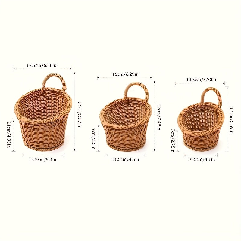 Juego de 3 Cestas Rústicas Imitación Ratán para Pared, Cestos Colgantes Tejidos de Plástico para Cocina, Jengibre, Ajo y Frutas, Organizadores Multiusos con Asa para Hogar y Estantes