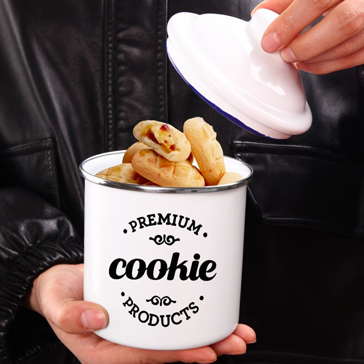 1pc Tarro de Galletas de Esmalte con Tapa Abatible, Reutilizable, Apto para Lavavajillas, Forma Redonda, Perfecto para Regalos de Navidad y Almacenamiento de Cocina