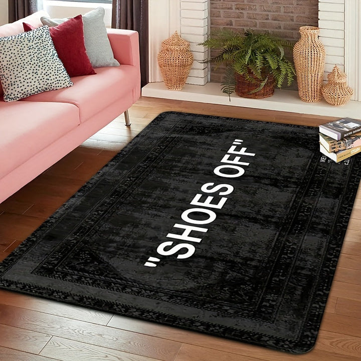 Alfombra Estampada Bohemia 'SHOES OFF' - Suave, Antideslizante, de Franela en Negro | Perfecta para Sala de Estar, Dormitorio, Comedor, Oficina y Decoración de Entrada