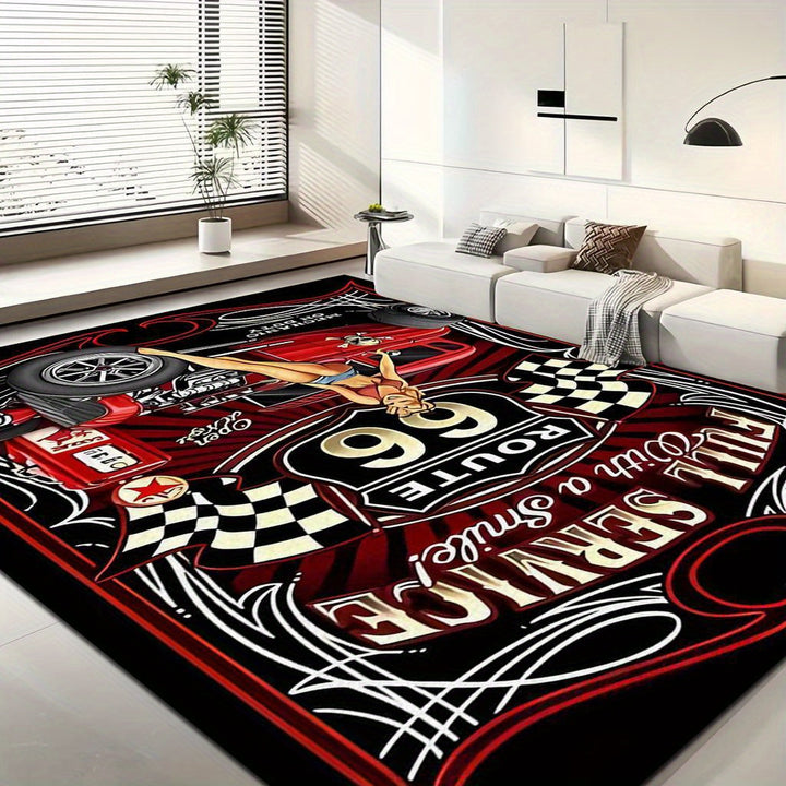 1pc Alfombra de Coche de Carreras y Ruta 66, Adecuada para Cocina, Pasillo, Dormitorio, Baño o Sala, Felpudo Ligero Antideslizante Lavable a Máquina y Grueso para Interior/Exterior