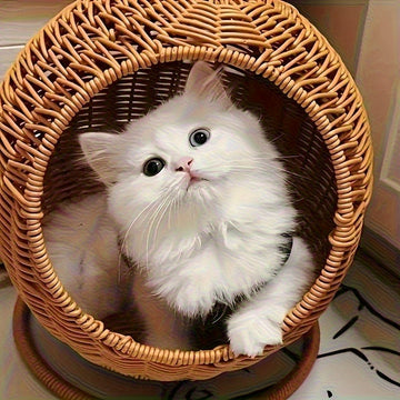 Cesto de hamaca para gatos tejido de rattan moderno - Hamaca redonda cómoda para gatitos, uso interior/exterior, ligero y decorativo con ganchos de metal, cesto de ropa, se adapta a gatos de hasta 2,72 kg.