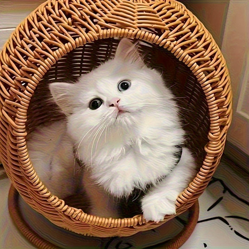 Cesto de hamaca para gatos tejido de rattan moderno - Hamaca redonda cómoda para gatitos, uso interior/exterior, ligero y decorativo con ganchos de metal, cesto de ropa, se adapta a gatos de hasta 2,72 kg.