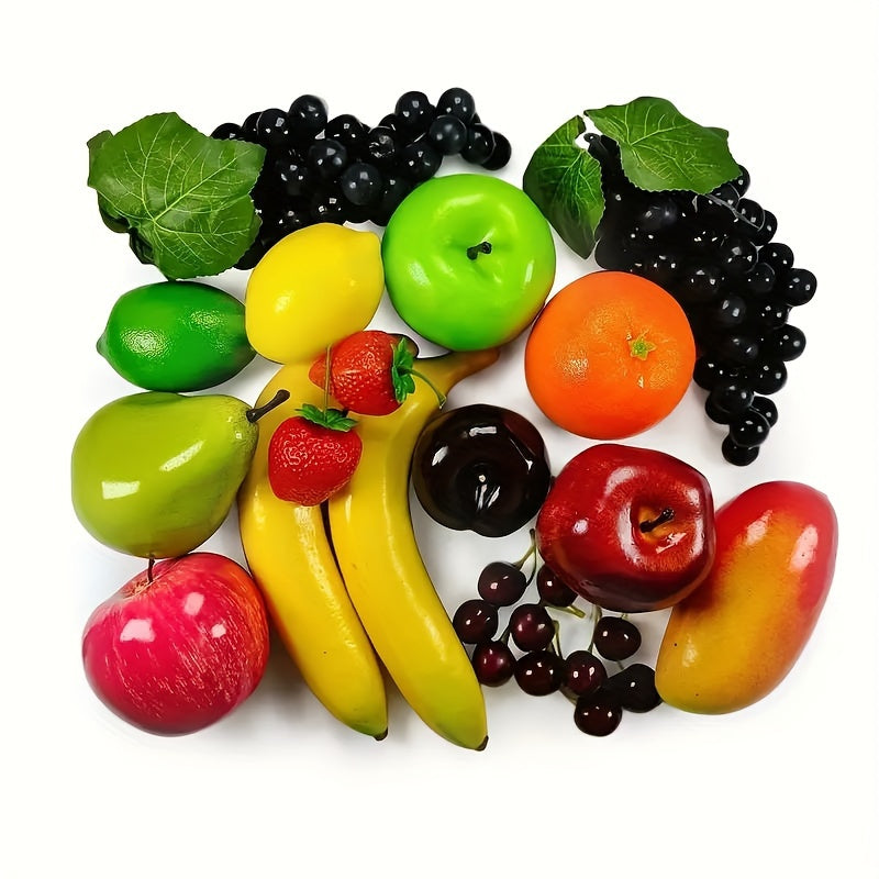 Conjunto de 20 Piezas de Frutas Realistas - Fresas, Manzanas, Peras, Limones, Naranjas, Uvas, Cerezas, Mangos y Plátanos Artificiales para Decoración del Hogar, Fiestas y Exhibición Navideña, Accesorios de Fotografía, Decoración de Frutas para Fiestas
