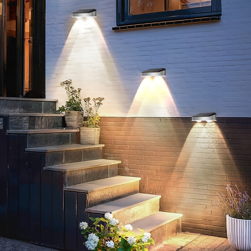 Juego de 2/4/8 luces solares para pared exterior de acero inoxidable, luces solares para exteriores, luces para pared con sensor crepuscular, luces solares para cercas, en modo luz cálida/blanca/RGB, para patios, barandales, jardines y paredes de porche