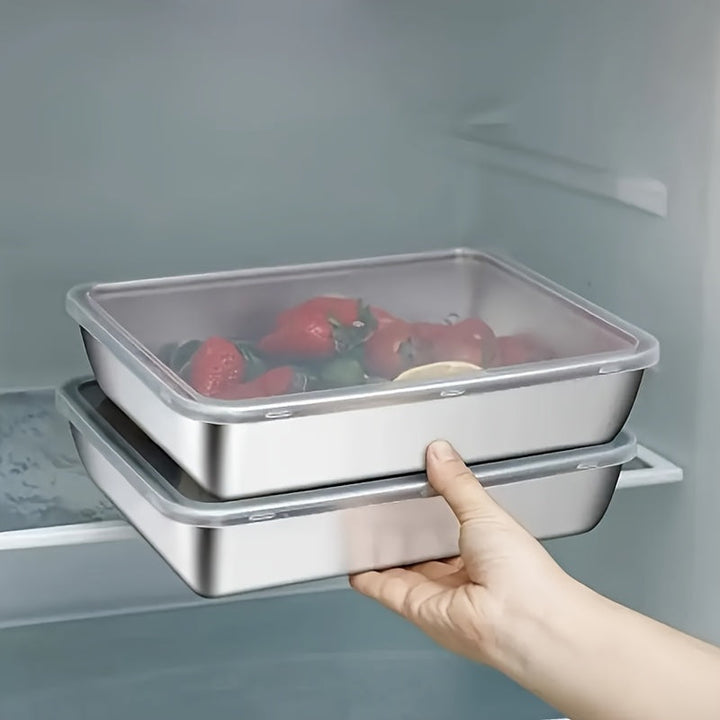 Juego de 2/3 recipientes de acero inoxidable para almacenar alimentos, resistentes, herméticos, libres de BPA, aptos para microondas y congelador, irrompibles, organizadores de cocina rectangulares con tapa abatible para refrigerador y despensa