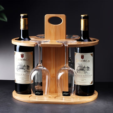 Elegante estante de bambú con gafas colgantes - Acabado pulido, diseño ahorrador de espacio para bar en casa, exhibición de bodega y decoración moderna de cocina, Decoración