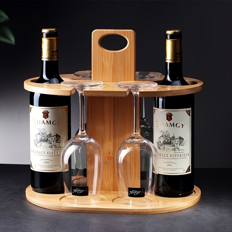 Elegante estante de bambú con gafas colgantes - Acabado pulido, diseño ahorrador de espacio para bar en casa, exhibición de bodega y decoración moderna de cocina, Decoración