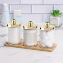 Juego de 3 frascos de plástico para hisopos con tapa dorada, organizador de algodón, bolas y discos de 10 oz, set de botes transparentes para baño con bandeja, dispensador para almacenamiento