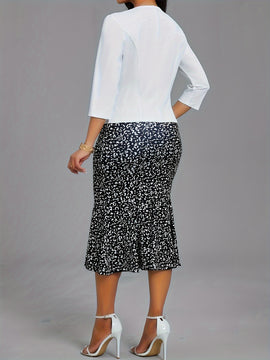 Conjunto elegante de dos piezas, Blazer de manga tres cuartos y vestido ajustado con estampado floral, Ropa de mujer.