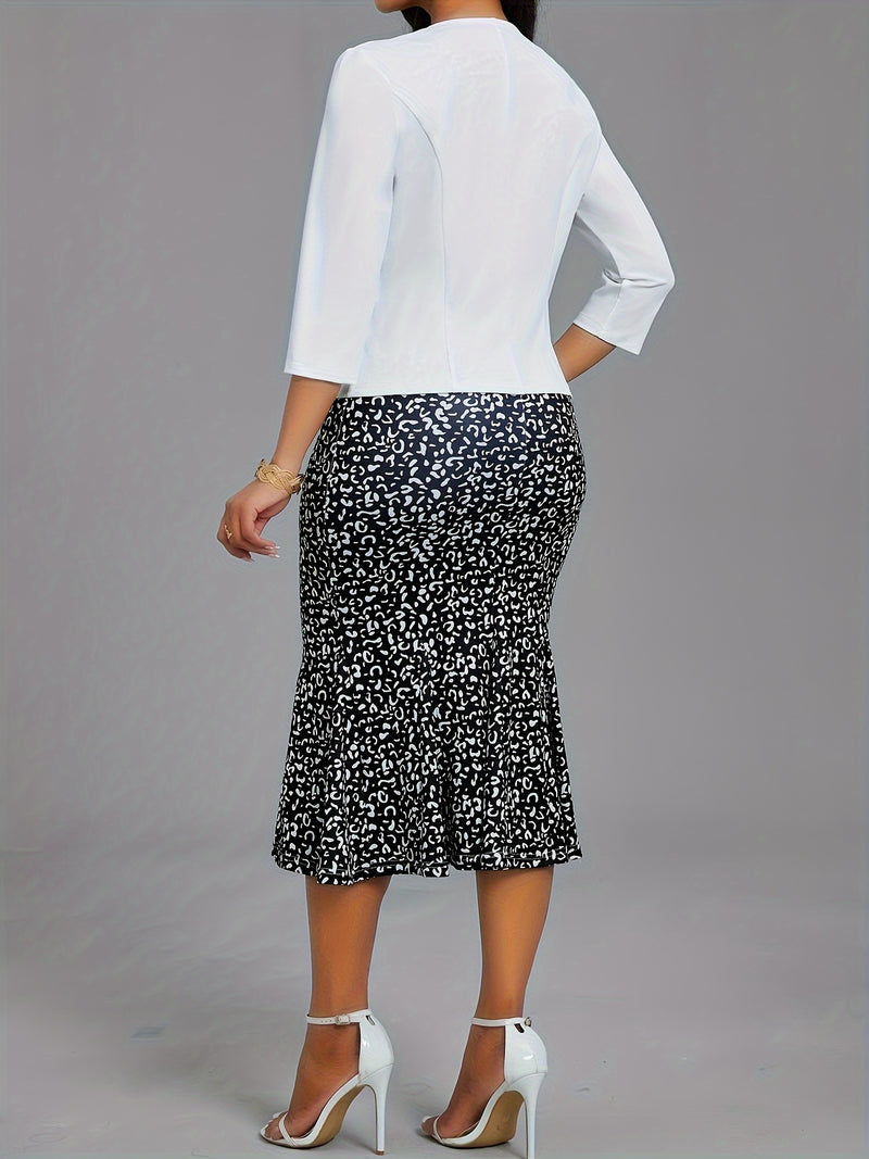 Conjunto elegante de dos piezas, Blazer de manga tres cuartos y vestido ajustado con estampado floral, Ropa de mujer.