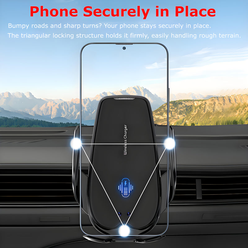 Cargador de coche inalámbrico de 15W con auto-enganche, rotación de 360° - Conector USB, compatible con iPhone 17/16/15/14/13/12/11 Pro Max/Xs, Samsung Galaxy S24 Ultra/S23/S22/S21/S20/S10+, teléfonos de Google y más - Sin batería, carga rápida de 15W