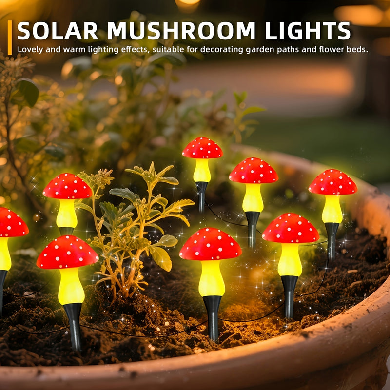 10 Luces Solares de Champiñón, Luces para Jardín Exterior. Se apagan automáticamente durante el día y se encienden por la noche. Luces solares con clasificación IPX4 y 8 modos. Ideales para verano, camping, Navidad, caminos, decoración de fiestas e ilumi