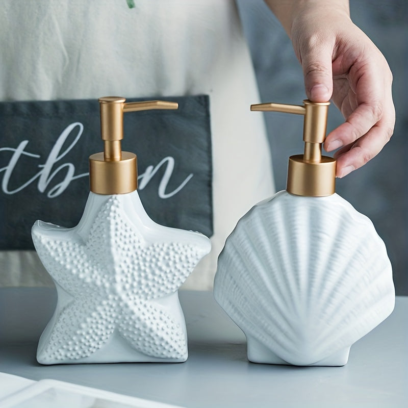 1 Dispensador De Loción De Cerámica Con Forma De Estrella De Mar, Dispensador De Jabón En Forma De Concha, Botella De Loción De Cerámica Blanca Con Bomba Dorada Mate, Dispensador De Jabón De Manos, Decoración Del Hogar Para Baño Y Cocina