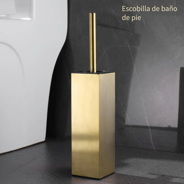 Juego de Escobilla de Inodoro de Acero Inoxidable en Tono Dorado Elegante con Mango Largo - Diseño Cuadrado sin Esquinas Muertas para Limpieza Profunda, Accesorio de Baño que Ahorra Espacio, Navidad, Halloween, Fácil de Montar, a Prueba de Goteo