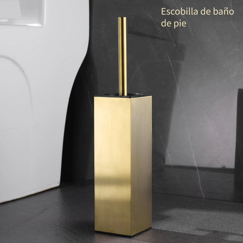 Juego de Escobilla de Inodoro de Acero Inoxidable en Tono Dorado Elegante con Mango Largo - Diseño Cuadrado sin Esquinas Muertas para Limpieza Profunda, Accesorio de Baño que Ahorra Espacio, Navidad, Halloween, Fácil de Montar, a Prueba de Goteo