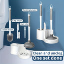 Juego de cepillo para inodoro 4-en-1 con soporte - Kit de limpieza de baño montado en la pared con mango largo extraíble que incluye cepillos para inodoros, baldosas, agentes de lechada y limpieza flexible, suministros de limpieza de baños