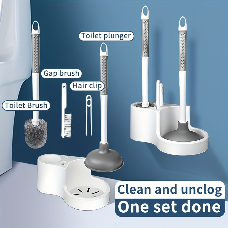 Juego de cepillo para inodoro 4-en-1 con soporte - Kit de limpieza de baño montado en la pared con mango largo extraíble que incluye cepillos para inodoros, baldosas, agentes de lechada y limpieza flexible, suministros de limpieza de baños