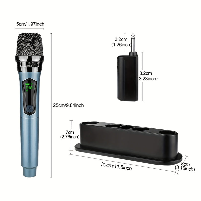 4 Piezas Sistema de Micrófono Dinámico sin varillas con Batería Recargable y Soporte de Escritorio, Adaptador 3.5mm para Canto, Bodas, Fiestas y Enseñanza