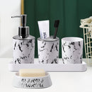 Juego de 5 piezas de accesorios de baño de mármol negro - Soporte de cepillo de dientes de plástico, dispensador de jabón, recipiente de jabón, tazas con bandeja